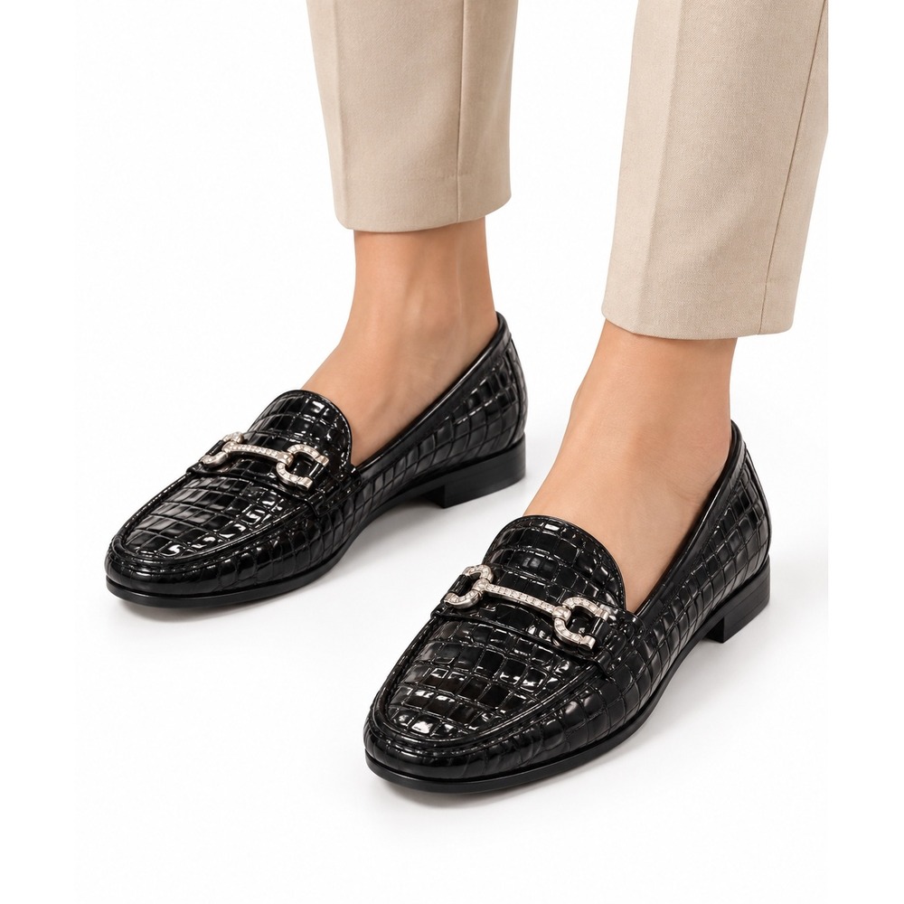 Geox Respira Black Croc Patent Leather Loafers Rhinestone grandmacore S 37.5